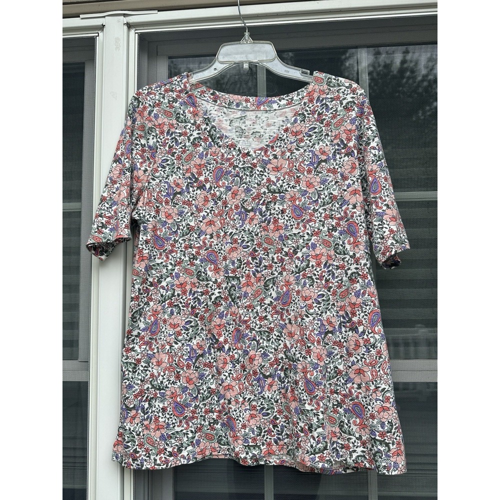 J. Jill Pima Cotton Scoop Neck Elbow Sleeve Tee floral Slub Knit Top Large